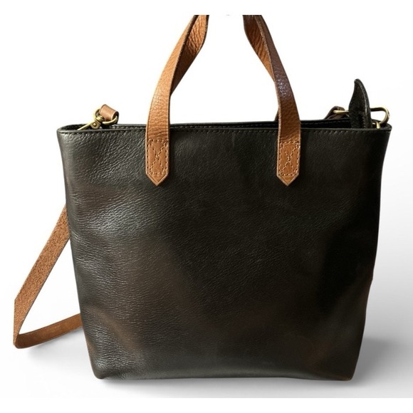 Madewell Handbags - Madewell Black Tan Leather Zip Top Transit Tote Crossbody Top Handle Bag